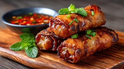 Deliciously crispy spring rolls served with a vibrant dipping sauce and fresh mint garnish, highlighting culinary artistry that tantalizes the taste buds and evokes a sense of satisfaction.