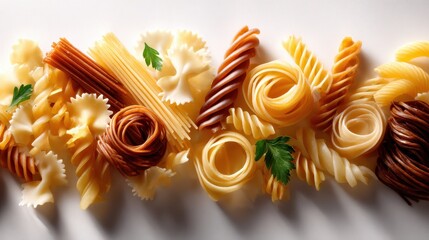 An artistic display of assorted pasta shapes including fusilli, spaghetti, and farfalle, celebrating culinary diversity and the richness of Italian cuisine.