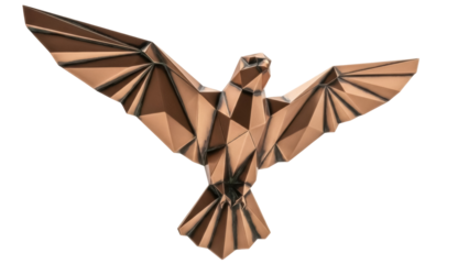 Isolated low-poly origami bird with wings outstretched, a sculpture made from geometric triangles