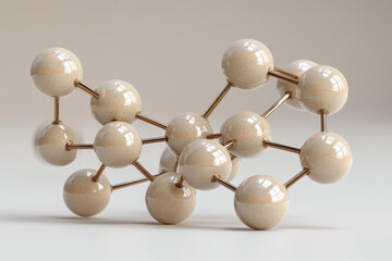 Neural network sculpture with matte spheres and metal rods, off-white studio