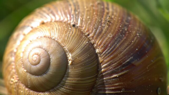 Close-up of snail shell on green foliage, showing natural texture detail, for nature imagery