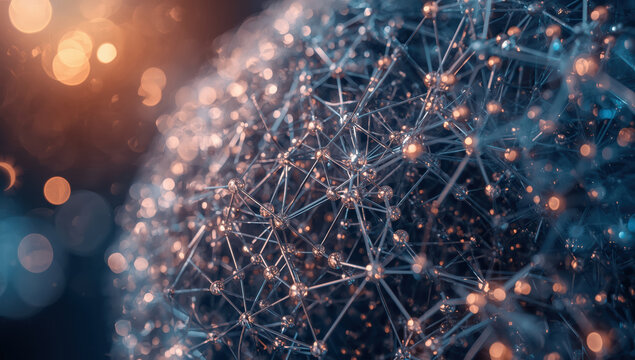 Intricate metallic network sphere with glowing nodes and bokeh light, futuristic and elegant