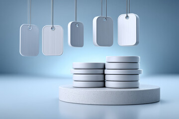 Floating blank tag-shaped tiles above a pile of unlabeled tokens symbolizing data labeling concept