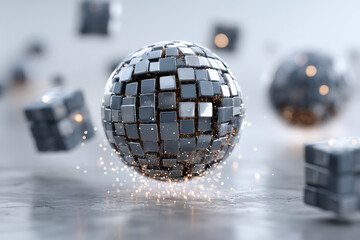 Distributed edge computing concept with micro cubes surrounding central spherical hub on gray background