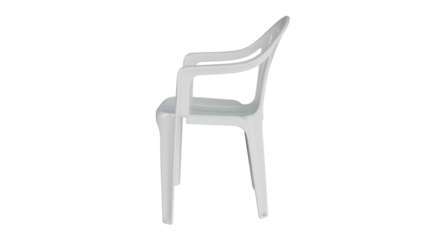 Modern white plastic chair with armrests on black background