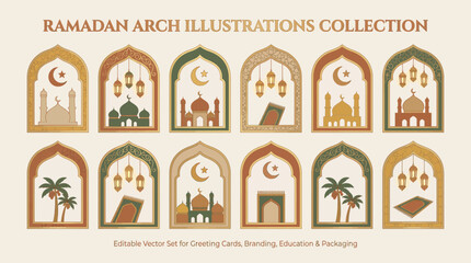 Ramadan Arch Illustrations Collection Vector | Islamic Decorative Clipart with Crescent Moon Lantern Mosque Palm Tree Motifs | Eid Festival Design Elements | Vector Art