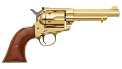 Isolated vintage gold revolver, classic western firearm, with a wooden handle and silver hammer