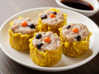 Steamed dumplings on a plate with soy sauce