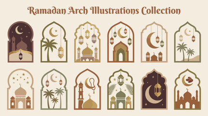 Ramadan Arch Illustrations Collection Vector | Islamic Decorative Clipart with Crescent Moon Lantern Mosque Palm Tree Motifs | Eid Festival Design Elements | Vector Art