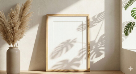 Generative AI Blank Wooden Picture Frame Mockup on Wall with Plant Shadows