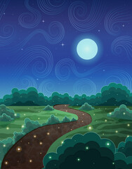 Magical night landscape with winding path under glowing moon
