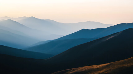 Fototapeta premium Blue Ridge Mountains: A stunning, panoramic view of layered mountain ranges in varying shades of blue fading into a soft, pastel sky. Peaks contrast with the light above.
