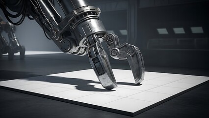 Artistic view showcasing robotic arm poised above precise tiled surface