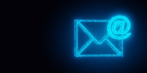 Blue glowing wireframe envelope letter and e-mail symbols on black background with copy space, contact us symbols or banner