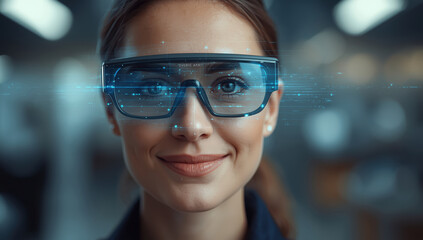 Smart woman wearing augmented reality safety glasses smiling with digital interface overlay