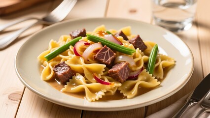 A delicious plate of pasta with beef and vegetables served on a wooden table