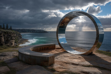 Surreal coastal cliff with circular mirror portal reflecting ocean horizon and dramatic clouds