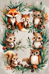 Watercolor image of forest animals, mushrooms and leaves.