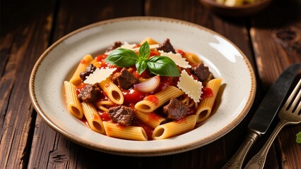 Pasta dish served on a rustic wooden table with a fork and knife