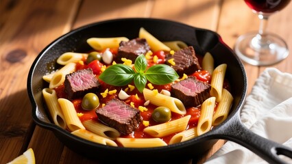 Pasta with beef and vegetables cooked in a skillet on a wooden table