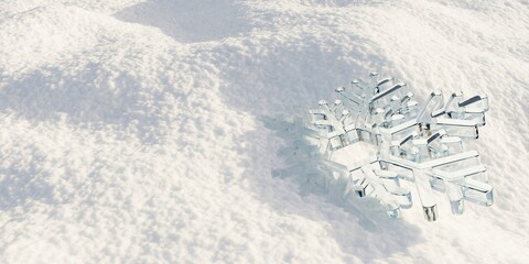 Transparent glass snowflake in snow heap background with copy space, winter, new year or christmas background