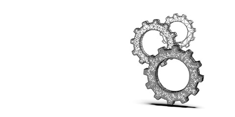 Three overlapping black low-poly wireframe gears or cogwheels floating on white background with copy space, technolgy, engineering or business background concept
