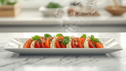 Italian-style caprese platter featuring cheese, tomato, basil, and olive oil, highlighting veggie-friendly cuisine, World Vegetarian Day