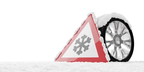 Car tire with snow warning sign on snow over white background in winter