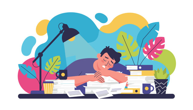 Exhausted man sleeps on a mountain of paperwork due to stress and deadline burnout