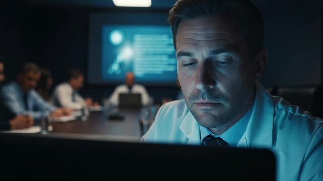 Focused Businessman in a Corporate Meeting Room Analyzing Data on Laptop While Team Collaborates in Background, Evening Setting, Professional Environment
