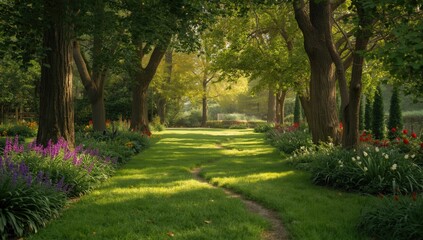 Obraz premium A stone footpath winding through vibrant garden plants, serving as a UI backdrop, Earth Day