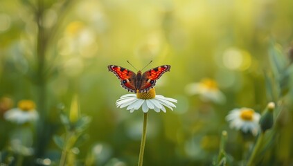 A delicate butterfly perches on a camomile blossom, highlighting insect flora interaction, Earth Day