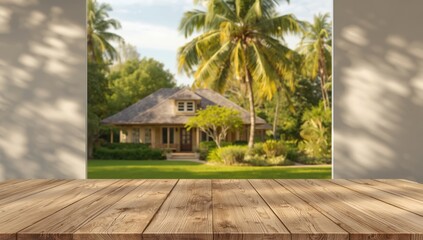 Rustic wooden table with natural background featuring a tree and house, ideal for alfresco meals or outdoor gatherings, summer theme