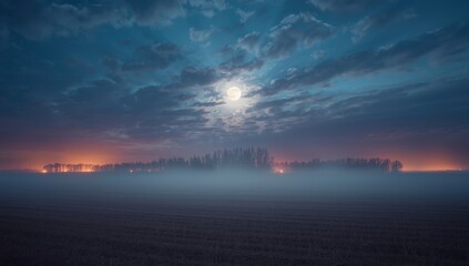 Bright full moon over misty farmland with passing vehicle lights, highlighting nocturnal rural scenery, Earth Day