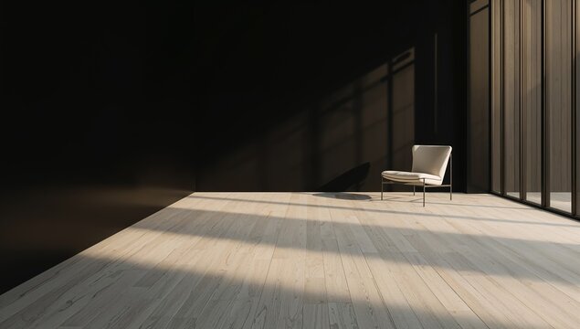 Modern black and white room with sunlight filtering through a window, emphasizing clean lines and simplicity