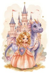 Watercolor children's illustration of a princess, unicorn, dragon, castle, magic wand and other little things.