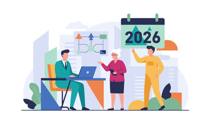 Business team planning 2026 strategy Future corporate goals planning teamwork and project management