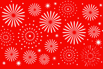 Festive red background with various white firework and starburst shapes
