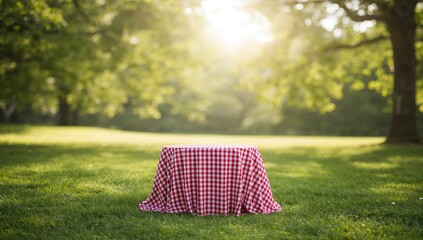 Product presentation setup featuring an empty table with a red tablecloth against a blurred landscape background, designed for display templates