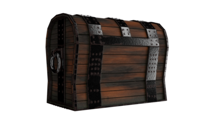 Rustic wooden treasure chest with metal bands and rivets on black background