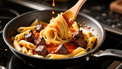 Delicious pasta dish being prepared with beef and sauce in a pan on a stovetop