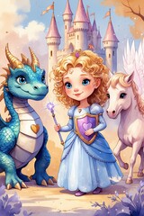 Watercolor children's illustration of a princess, unicorn, dragon, castle, magic wand and other little things.