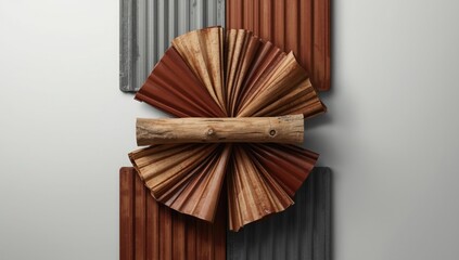 Abstract arrangement of wood, metal, and plastic components serving as a UI backdrop for interface design, material contrast