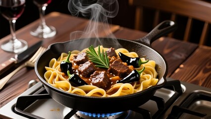 A steaming pan of pasta with meat and herbs on a gas stove in a cozy kitchen environment