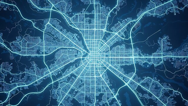 Digital city map with glowing blue network lines and connections, representing urban infrastructure and data flow - Powered by Adobe