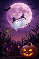 A pair of ghosts in hats are flying on a broomstick.