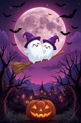 A pair of ghosts in hats are flying on a broomstick.