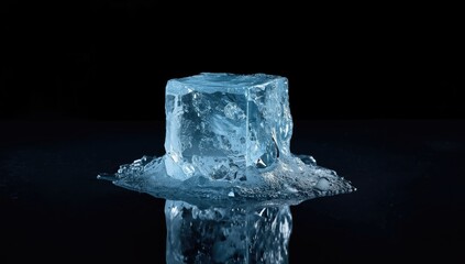 Ice crystal with trapped air bubbles on reflective surface, ideal for text backdrop or design layout