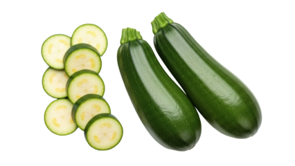 Isolated pair of raw zucchinis and sliced zucchini rings for culinary creations at grocery store