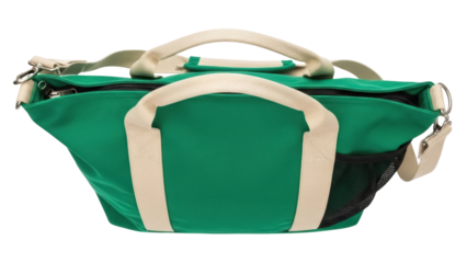 Isolated green duffel bag with canvas handles and shoulder strap for travel and gym use